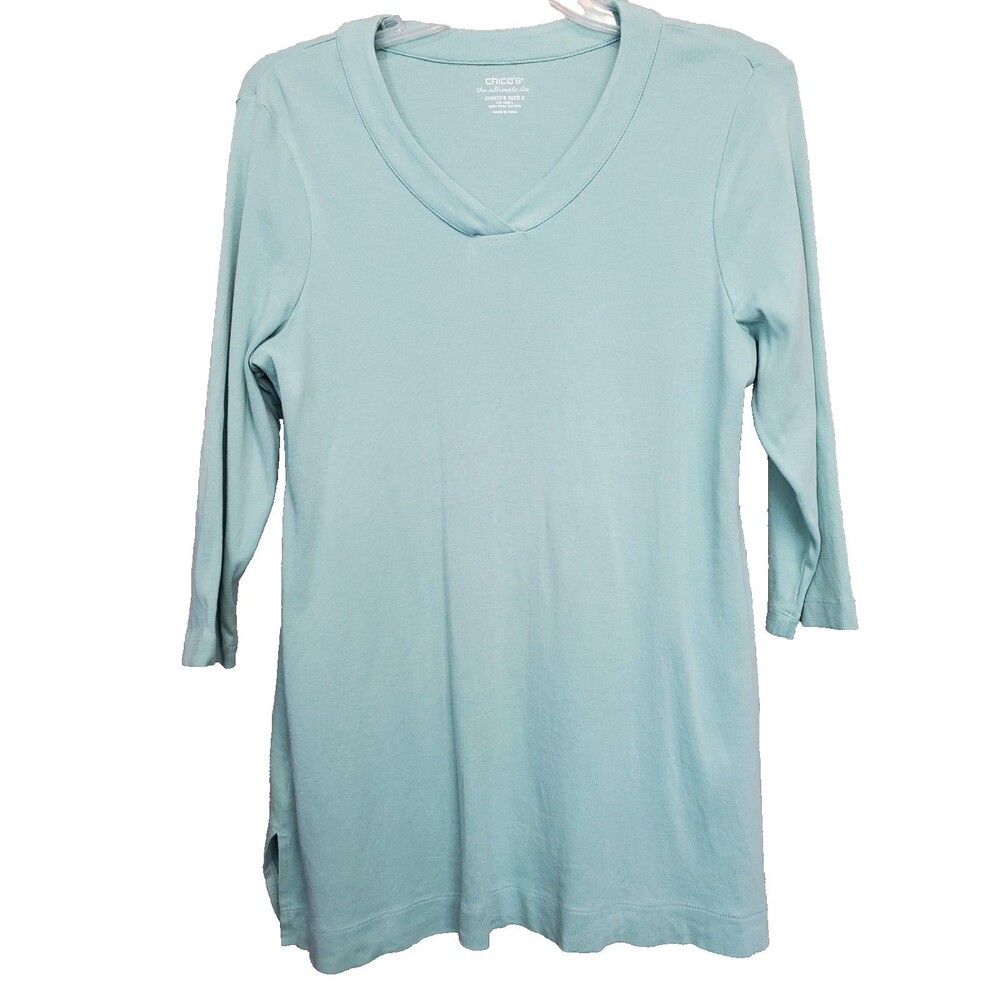 Chico's Green Pima Cotton V-Neck 3/4 Sleeve Tunic Size 2 Large